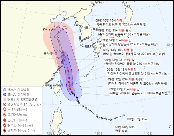 2022년 12호 태풍 무이파 예상경로 현재위치(기상청 홈페이지)