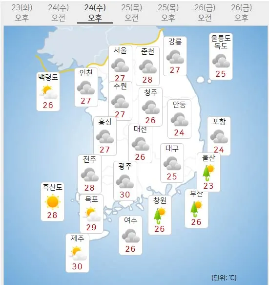 24일 수요일 오늘의날씨 (기상청 제공)