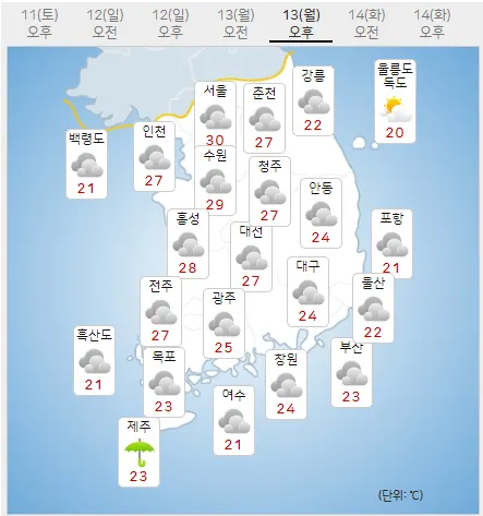13일 월요일 내일의날씨 (기상청 제공)