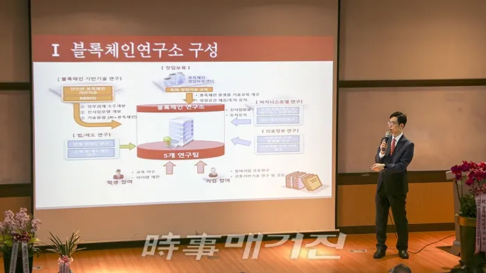 인호 고려대 블록체인연구소장이 연구소 로드맵을 발표하고 있다.(사진=임정빈 기자)