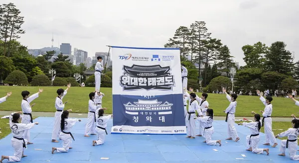 청와대 정원에서 위대한 태권도 공연을 보이고 있는 태권도진흥재단 시범단(사진_태권도진흥재단)