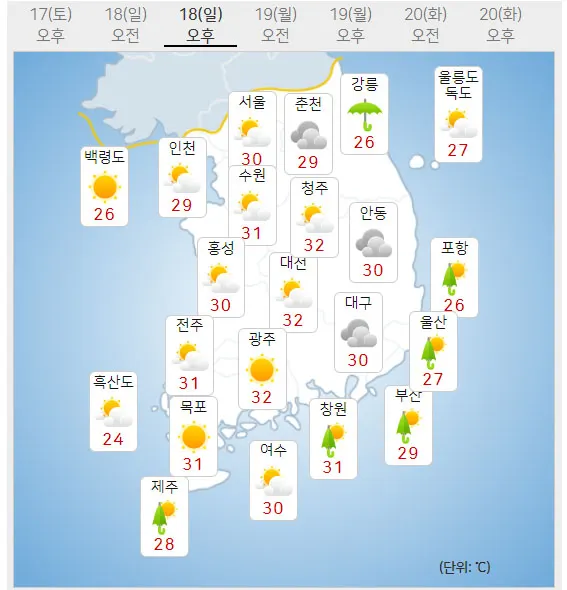 18일 일요일 오늘의날씨 (기상청 홈페이지)