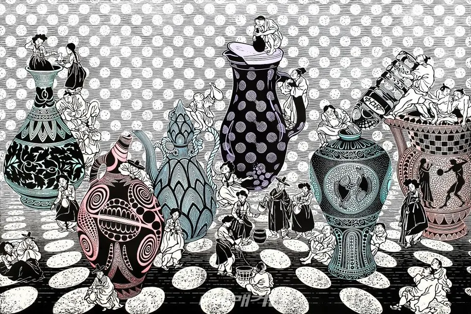Six water jars 빈물항아리 60x90cm Linocut 2020, 민경아
