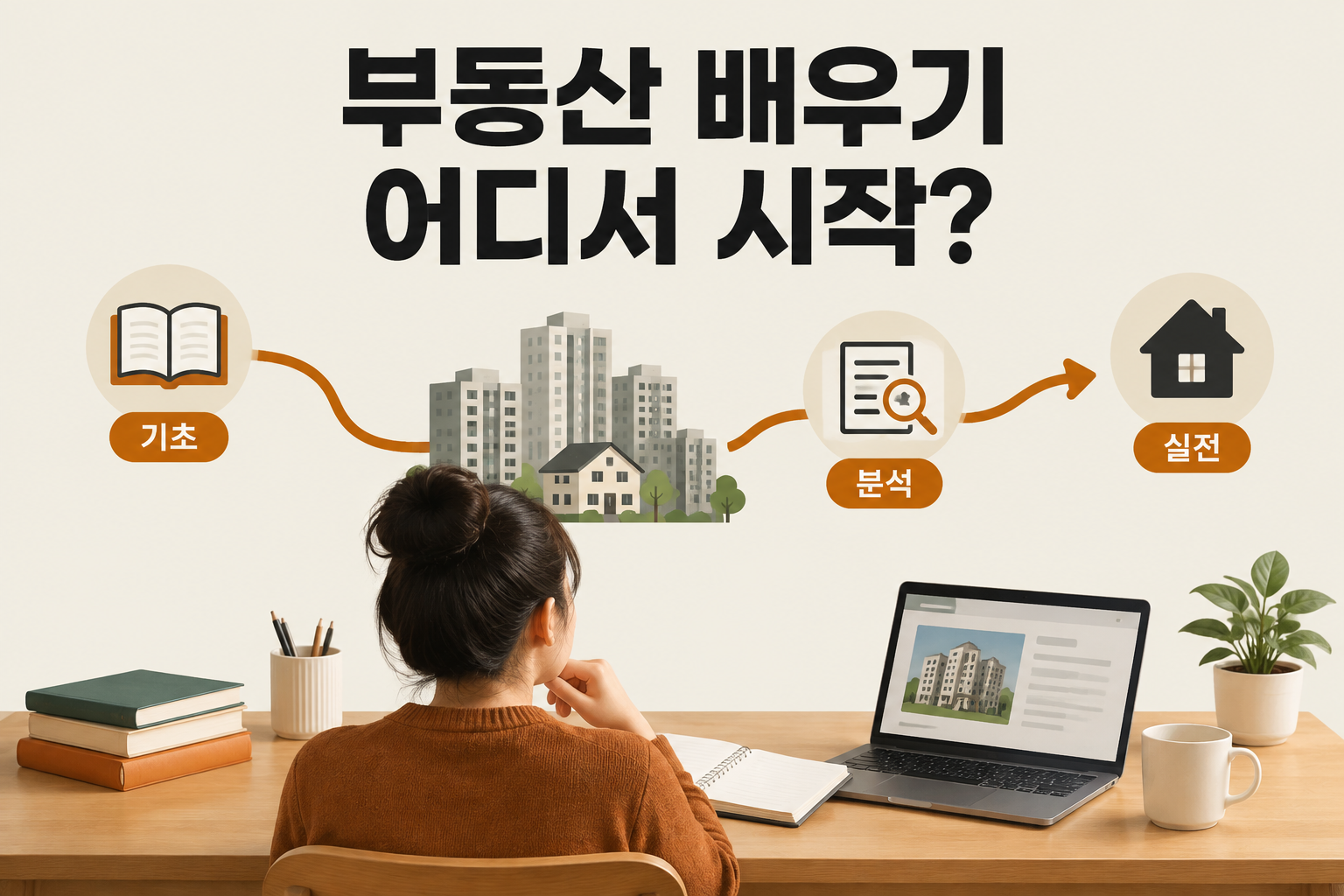 부동산을 처음 배우는 사람이 용어와 권리, 거래 절차를 순서대로 익히고 공식 실거래가 창구로 사실을 확인하는 학습 흐름을 담은 주제
