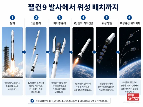 팰컨9 발사에서 위성 배치까지의 과정 (출처 = AI이미지)