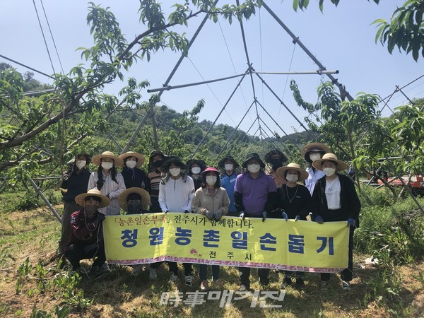 전주시 농업기술센터 2개과 직원 20여명은 완산구 삼천동 소재한 복숭아 과원에서 초여름 날씨 속 복숭아 열매솎기 작업에 구슬땀을 흘렸다.(사진-전주시청)