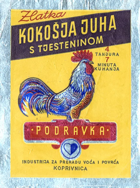 1958년에 출시된 ‘즐라트카 치킨수프(Zlatka Kokošja Juha)’는 단 5분 만에 완성되는 빠르고 든든한 가정식 수프로, 수탉 일러스트는 포드라브카 가정식 수프의 상징으로 자리잡았다.(사진출처_podravka홈페이지)