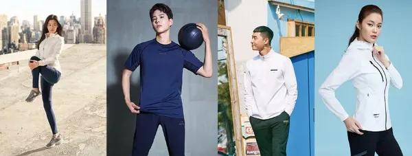 아웃도어 브랜드의 애슬레저룩 화보컷 네파, 아이더, K2, 밀레 (왼쪽부터)