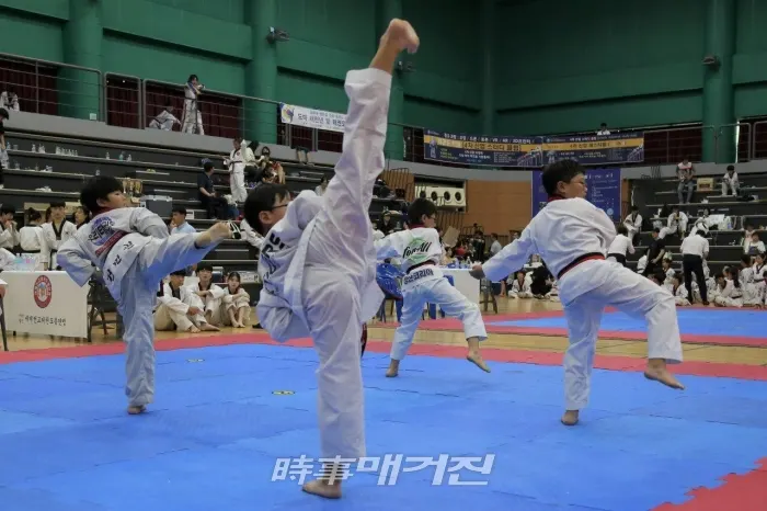 코리아평화컵 태권도대회에 참가한 선수들이 태권도 시범을 선보이고 있다.
