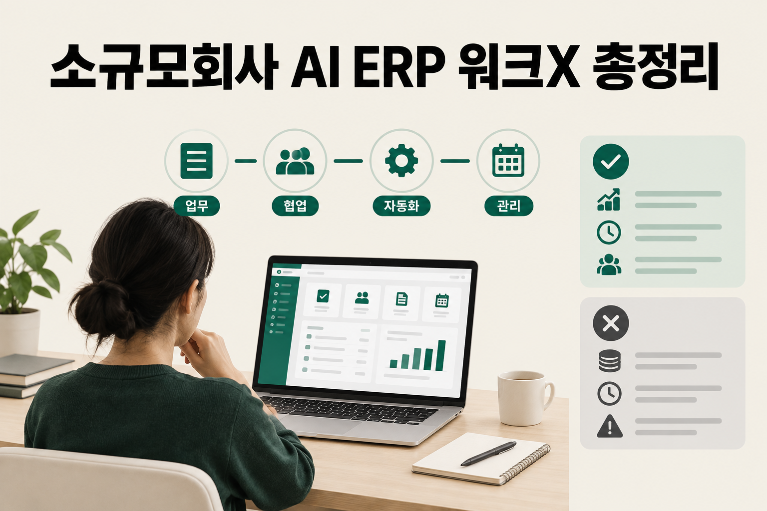 소규모 팀이 워크X 대시보드로 업무·재무·마케팅을 한 화면에서 관리하며 AI 요약을 확인하는 업무 콘솔 개념