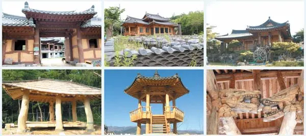 ▲ 20년 째 건축사의 길을 걸어오고 있는 김홍택 대표는 자연 속에 있는 나무를 그대로 사용한다. 본연의 모습 나무와 소통하는 김홍택 대표가 직접 건축한 한옥집과 원두막, 조각상들.