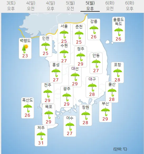 5일 월요일 내일의날씨 (기상청 홈페이지)