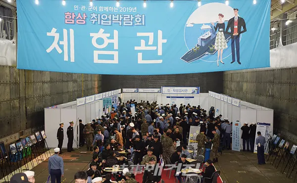 대한민국 해군은 창원시청, 중소벤처기업진흥공단, KB국민은행과 11월 12일 진해군항에 정박한 대형수송함 독도함(LPH, 14,500톤급)에서 민(民)․관(官)․군(軍)이 함께하는『2019년 함상 취업박람회』를 개최했다.사진은 11월 12일 경남 창원시 진해구 진해군항에 정박한 독도함(LPH-6111)에서 열린 2019년 함상 취업박람회에서 장병들이 취업 부스를 둘러보고 있다.(사진_해군)