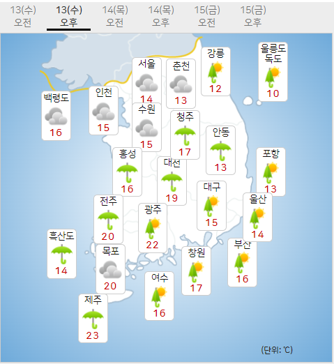 13일 수요일 오늘의날씨 (기상청 제공)