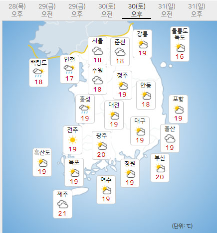 30일 토요일 오늘의날씨, 내일의날씨 (기상청 제공)