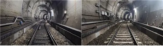 부산도시철도 1호선 궤도 개량 전 목침목(왼쪽)과 방진콘크리트 침목으로 교체된 후의 모습이 대조를 이루고 있다.(사진_부산교통공사)