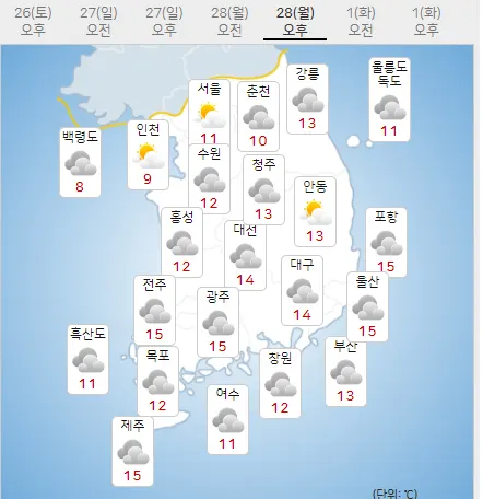 28일 월요일 내일의날씨 (기상청 제공)