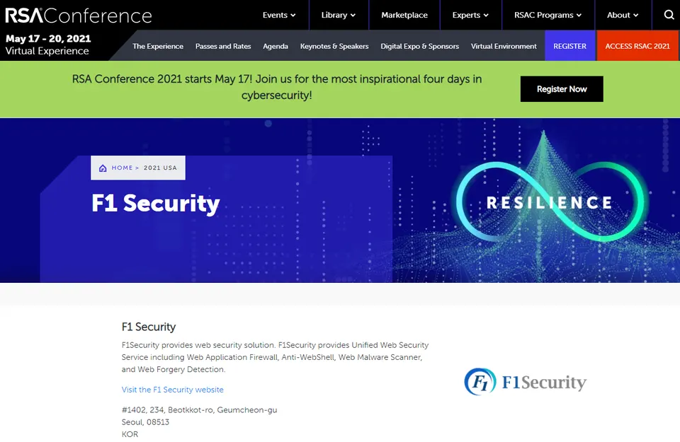 과학기술정보통신부(이하 과기부) 지정 정보보호 전문서비스 기업인 에프원시큐리티(F1 Security, Inc. 대표 이대호)는 매년 약 45,000 여명이 참석하는 글로벌 정보보호 전문 컨퍼런스인 RSA conference 2021에 3년 연속으로 참가한다고 밝혔다.