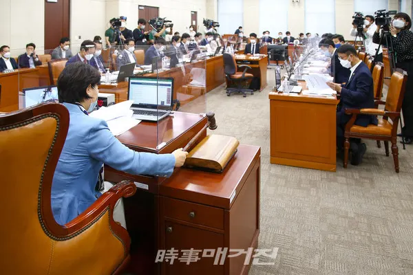 서영교 국회 행안위원장이 22일 국회에서 열린 행정안전위원회 전체회의에서 의사봉을 두드리고 있다.(사진_국회)