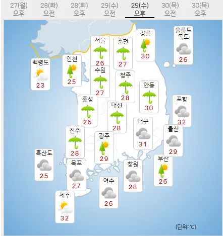 29일 수요일 내일의날씨 (기상청 제공)