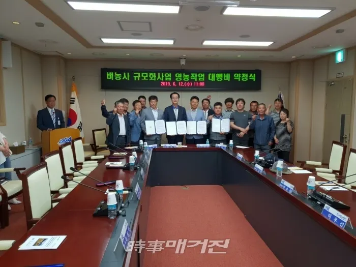 신안군은 12일 관내 영농조합법인 3개소와 위탁농가대표 등 관계자 50여명이 참석한 가운데 농가소득 증대를 위한 「벼농사 규모화 사업 영농작업 대행비 약정식」을 개최했다.(사진_신안군)