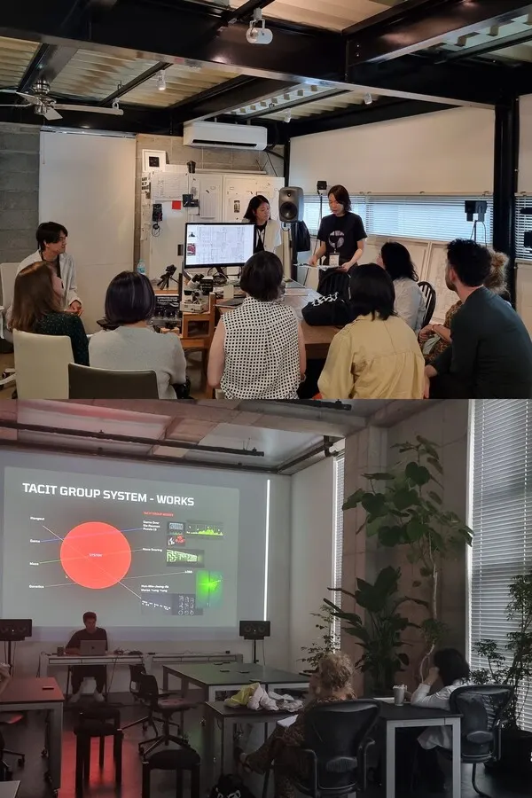 2일차 30일 해외 미술계 주요 인사들이 그레이코드, 지인의 작업실을 방문해 작품을 살펴보고 있다. / 2일차 30일 해외 미술계 주요 인사들이 태싯그룹의 프레젠테이션을 지켜보고 있다.