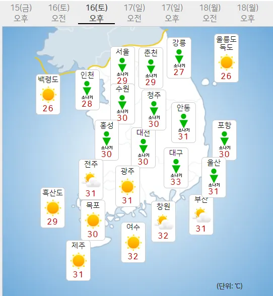 16일 토요일 오늘의날씨 (기상청 제공)