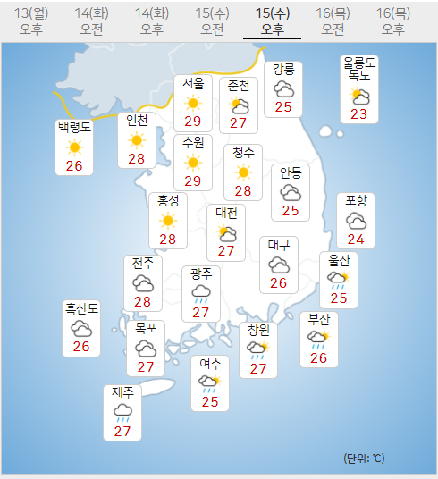 15일 수요일 내일의날씨 (기상청 제공)