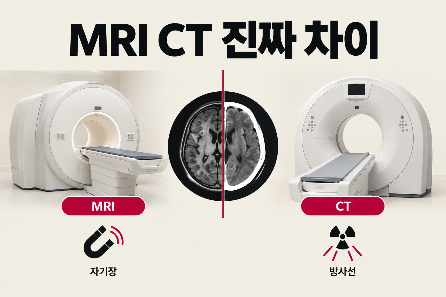 자기장과 방사선이라는 서로 다른 원리로 몸속을 촬영하는 두 검사 방식의 차이를 담은 주제