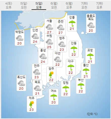 5일 일요일 오늘의날씨 (기상청 제공)