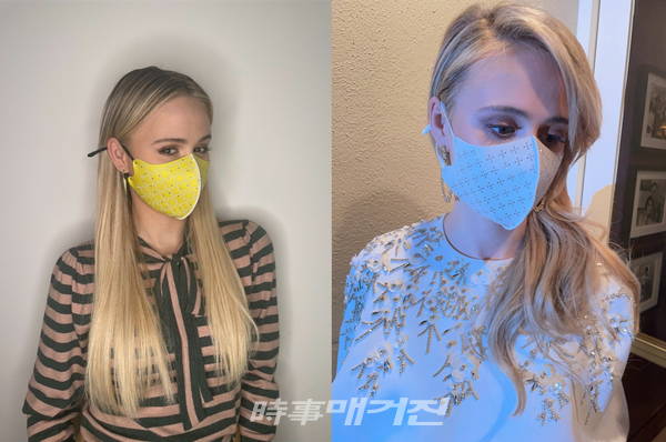 오스카 여우주연상 후보에 노미네이트 된 헐리우드 배우 ‘마리아 바카로바(Maira Bakalova)’가 크리스앤코의 숨소리 마스크를 착용하고 있다. (왼쪽) 일상 컷 (오른쪽) 오스카 시상식 애프터 컷