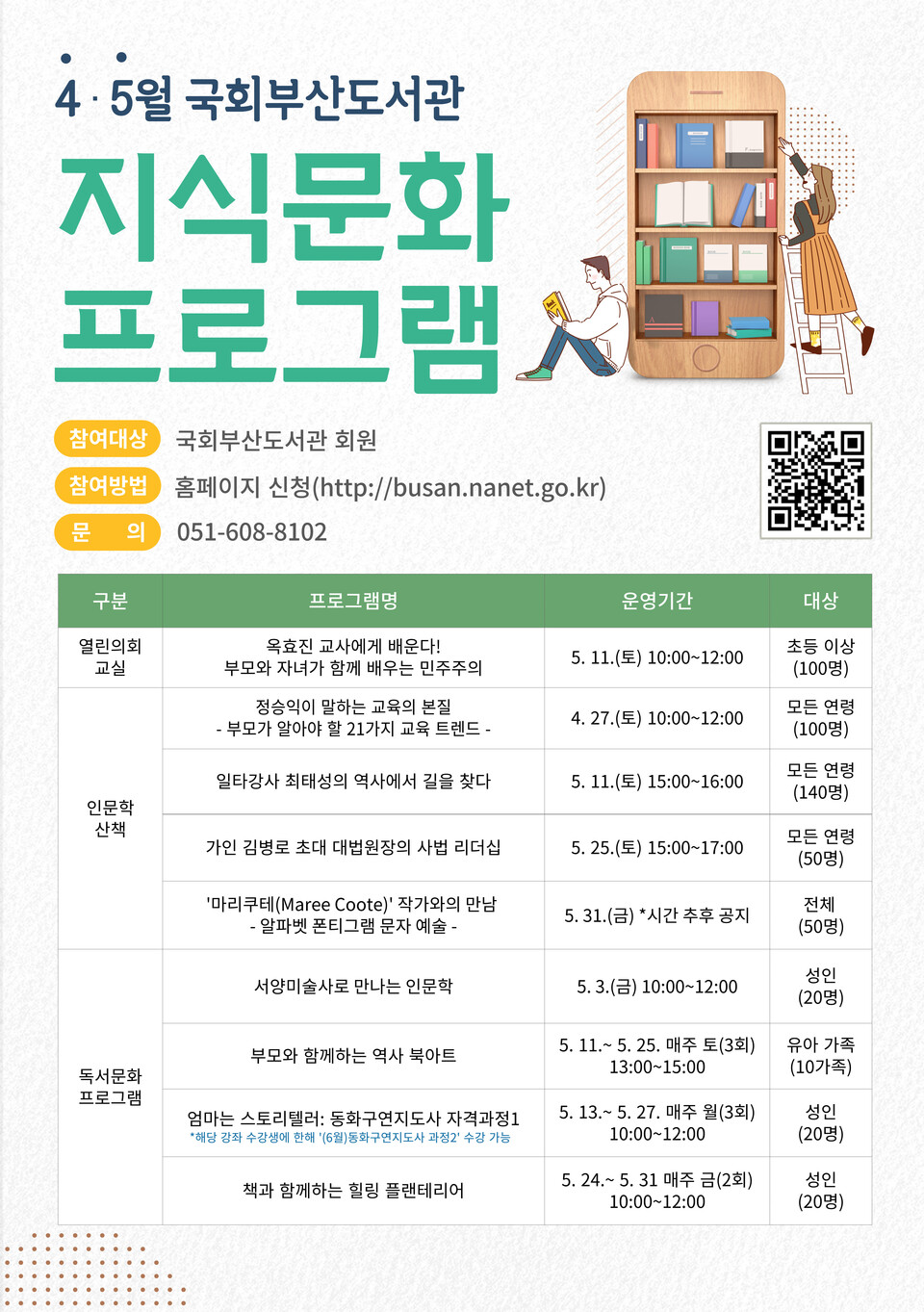 2024년 4-5월 지식문화프로그램 안내 포스터.(사진_국회부산도서관)