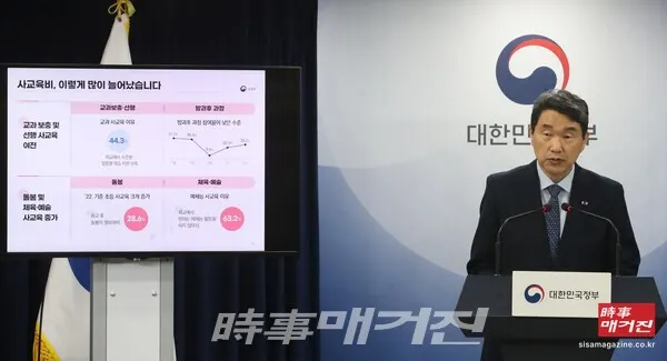 이주호 사회부총리 겸 교육부 장관이 26일 서울 종로구 정부서울청사에서 사교육비 경감 대책 발표를 하고 있다. 이주호 부총리는 이날 지난 3년 치 수능과 지난 1일 실시된 2024학년도 수능 6월 모의평가에서 교육부가 추린 '킬러문항'을 공개했다.(사진_뉴시스)