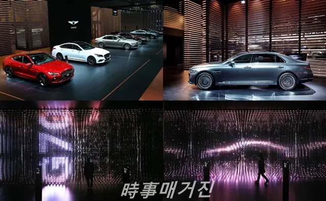 2019년 서울모터쇼 제네시스관 전경(윗줄 왼쪽)을 보여주며, 제네시스관 G90 존에 전시된 G90(윗줄 오른쪽)를 보여준다. 아래쪽은 2019년 서울모터쇼 제네스관 인터렉티브존 내 크리스탈 LED를 활용한 제네시스 조형물이 시연되는 모습을 나타내고 있다. (사진_현대자동차)