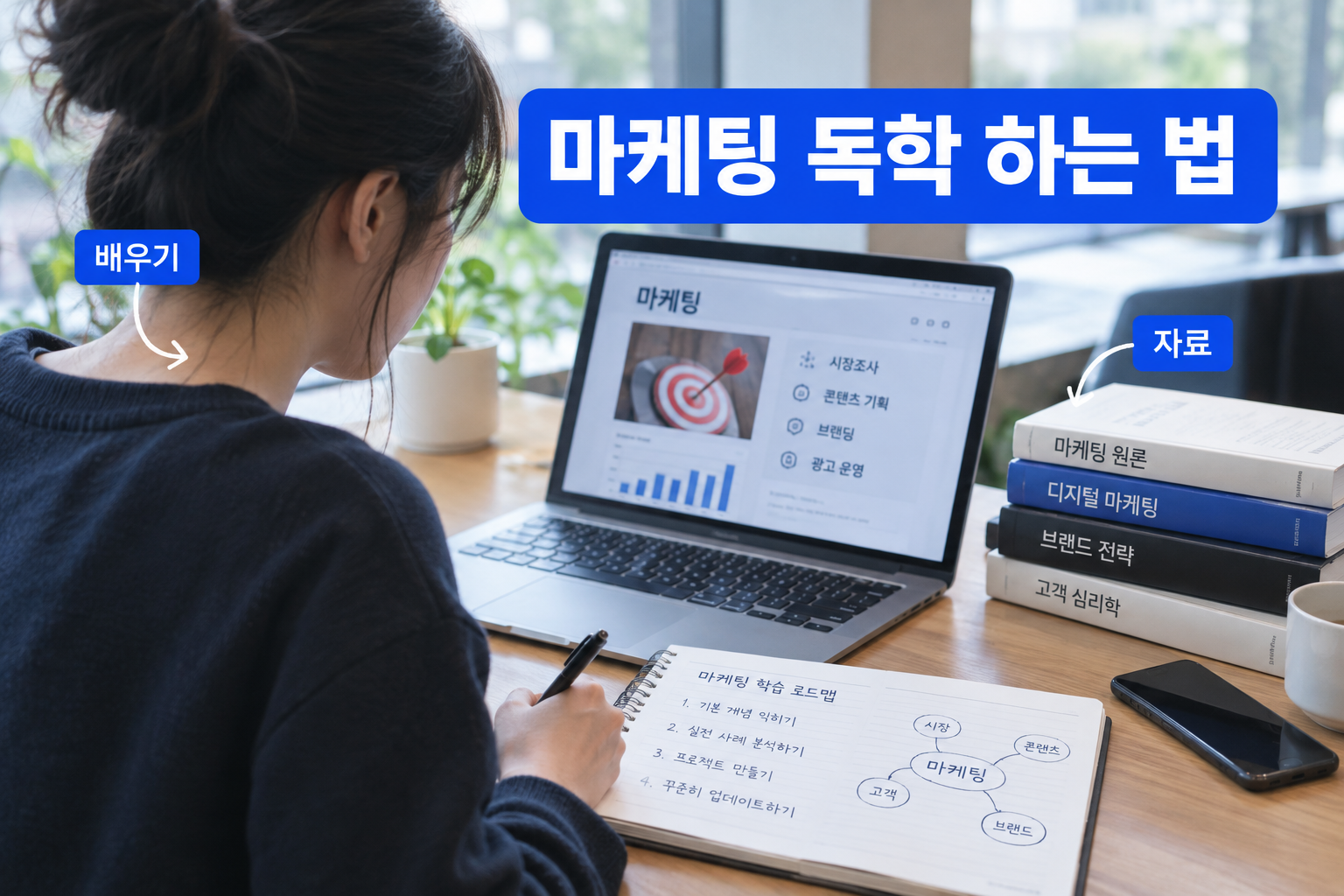 마케팅을 처음 배우는 사람이 기초 개념부터 채널 실습과 데이터 분석까지 단계별로 밟아가는 학습 여정을 담은 표지