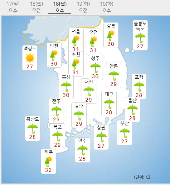 18일 월요일 오늘의날씨 (기상청 제공)