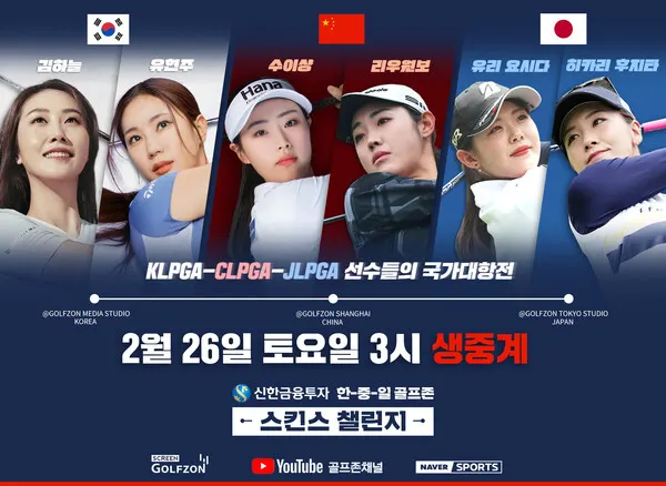 골프존이 오는 26일(토), KLPGA-CLPGA-JLPGA 여자 스타 골퍼들이 출전하는 실시간 네트워크 스크린골프 대회 ‘신한금융투자 한-중-일 골프존 스킨스 챌린지’를 개최한다.