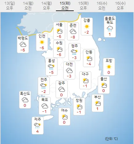 15일 화요일 내일의날씨 (기상청 제공)