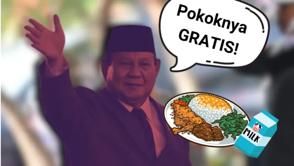 “Pokoknya GRATIS!”는 "어쨌든 공짜다!", 또는 "무조건 공짜!"라는 뜻으로, 프라보워 수비안토(Prabowo Subianto) 신임 대통령이 추진하는 '전 국민 무상급식(Program Makan Gratis)' 정책을 풍자한 그림 (사진출처_ LPM Didaktika)