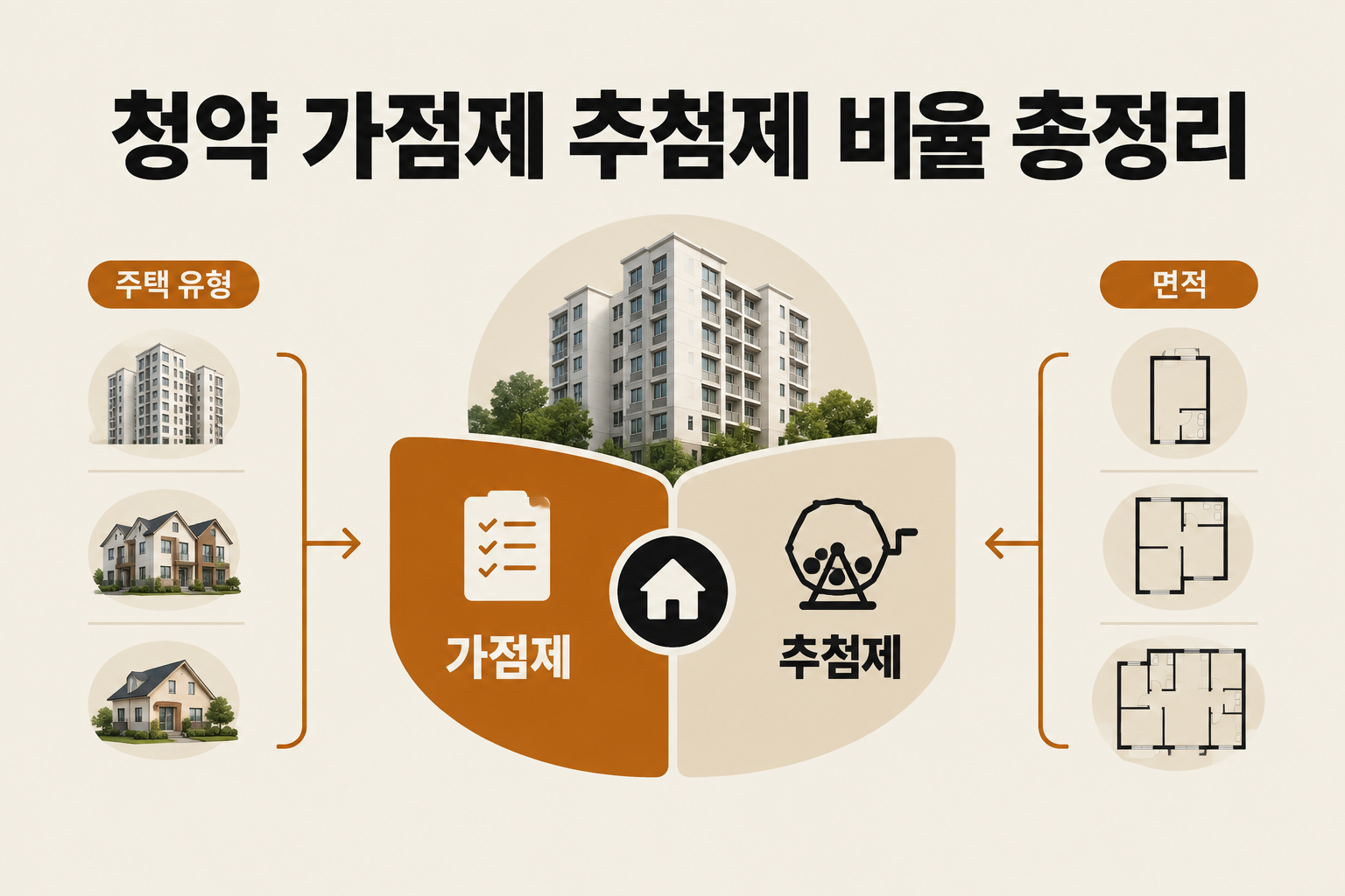 주택 청약에서 가점제와 추첨제 비율이 주택 유형과 규제지역, 전용면적 기준에 따라 나뉘는 배분 구조를 담은 커버