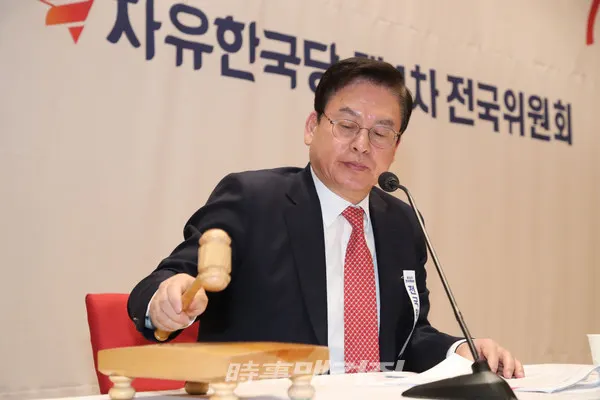 자유한국당 전국위원회 의장으로 선출된 정우택 의원이 13일 국회 의원회관에서 열린 전국위원회에서 의사봉을 두드리고 있다. (사진_자유한국당)