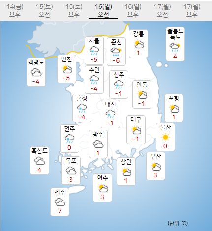 16일 일요일 오늘의날씨, 내일의날씨 (기상청 제공)