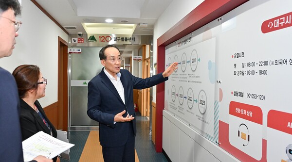 추경호 대구시장이 지난 10일 120달구벌콜센터를 방문해 운영 현황과 주요 상담 분야, 민원 처리 절차를 보고받은 뒤 상담 현장을 직접 둘러보고 있다.(사진_대구시)