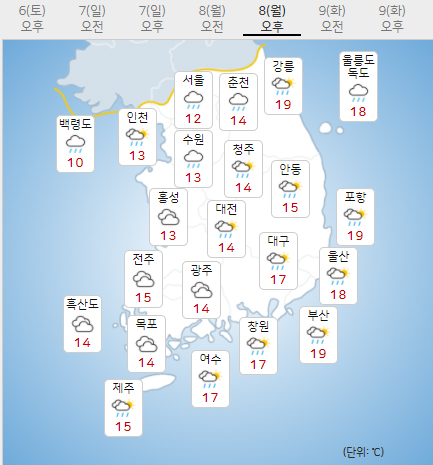 8일 월요일 내일의날씨 (기상청 제공)