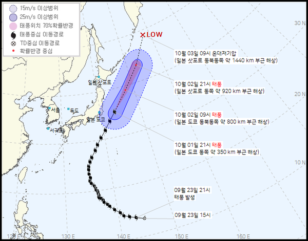 2021 16호 태풍 민들레 경로 (기상청 제공)