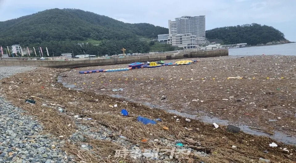 해마다 엄청난 량의 쓰레기로 가득 찬 거제 해수욕장을 찾는 피서객들이 발길을 돌리고 있다.(사진_거제시)
