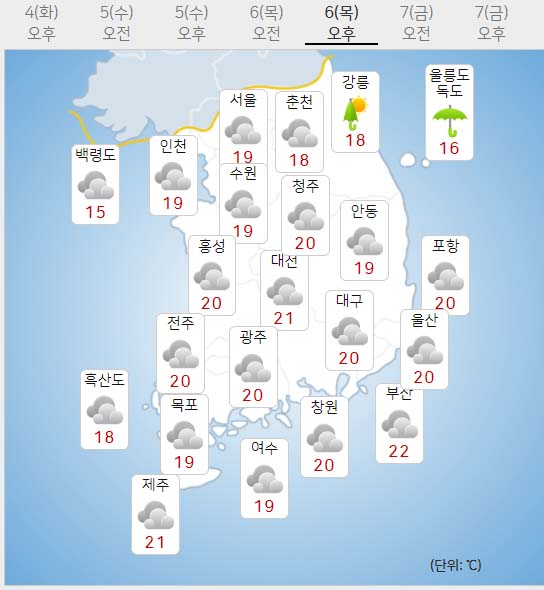 6일 목요일 내일의날씨 (기상청 홈페이지)