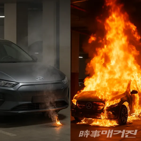 현대 전기차 vs 벤츠 전기차 화재 (사진_Chat GPT 생성)