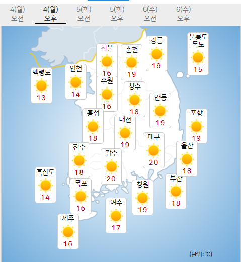 4일 월요일 오늘의날씨 (기상청 제공)