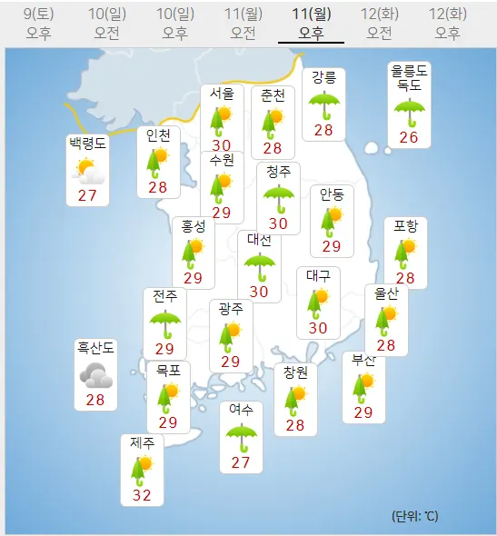 11일 월요일 내일의날씨 (기상청 제공)